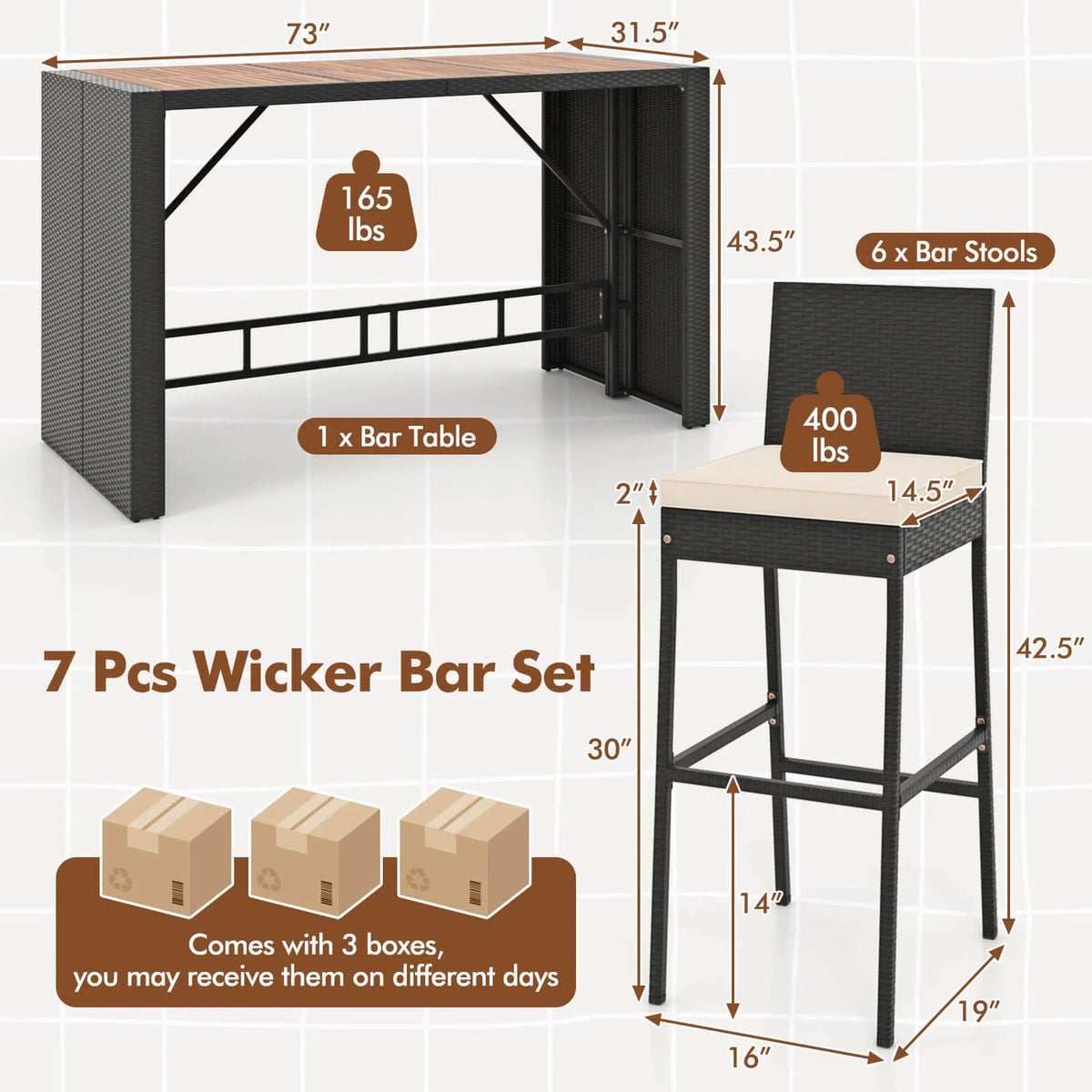 Costway 7-Piece Outdoor Patio Bar Set With Acacia Wood Tabletop, Black And Off White - 73in x 31.5in x 43.5in