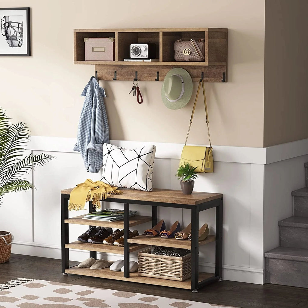 5-in-1 Entryway Hall Tree With Coat Rack, Shoe Bench, 7 Hooks, 3 Cubbies And 3-Tier Shoe Rack