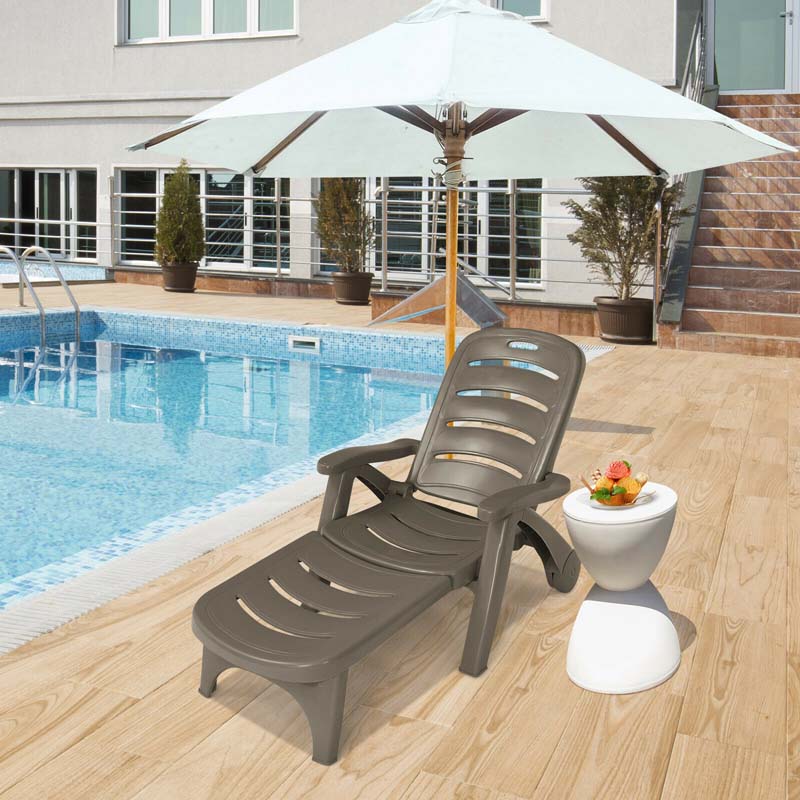 Rolling Folding Plastic Pool Lounge Chair With Armrests, 5 Position - Patio Deck Beach Chair