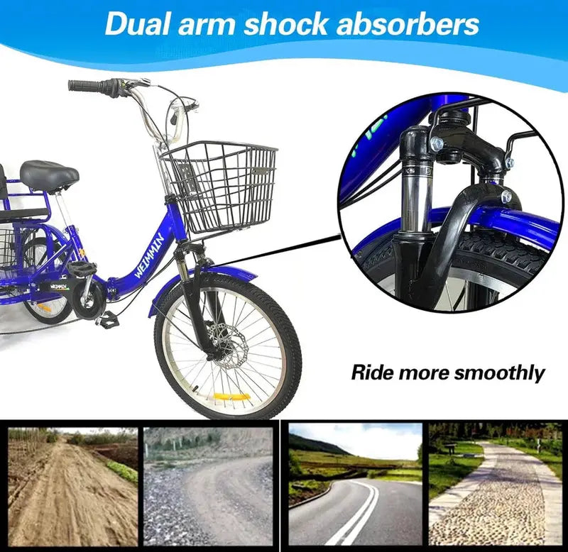 WEIMMIN Adult Folding Tricycle, 7-Speed, 20-Inch Wheels, Star-Striped Blue Frame