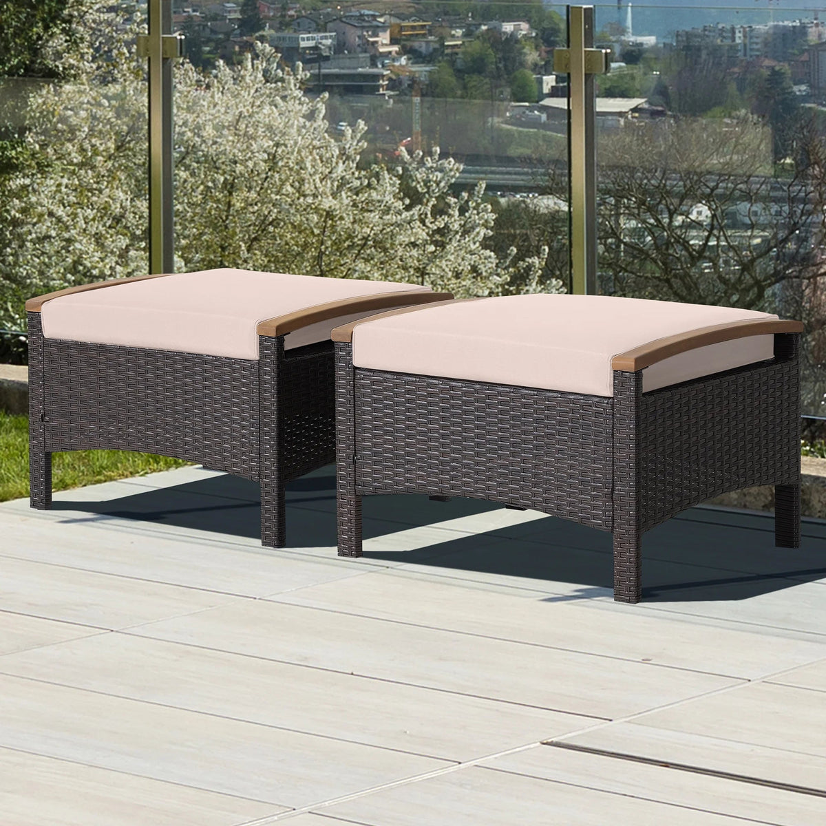 Costway Set Of 2 Patio Rattan Ottoman Footrests With Cushions, Mix Brown/Beige, 25 x 20 x 16 in