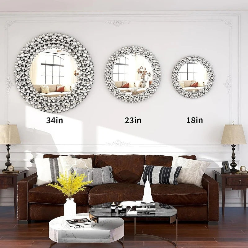 Round Crystal Accent Decorative Wall Mirror - 18/24/34 in