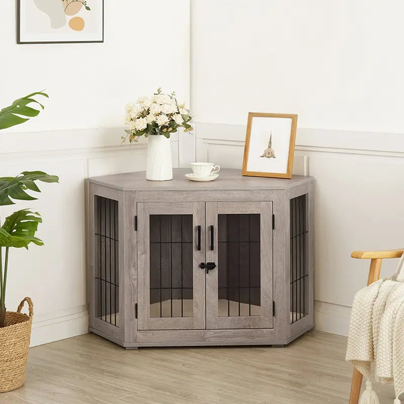 Unipaws Corner Wooden Dog Crate Furniture, Medium, Weathered Gray - Indoor Pet Kennel End Table With Cushion