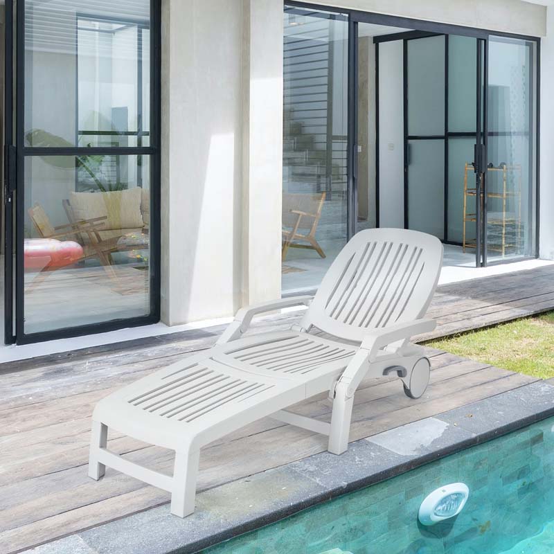 Folding Plastic Outdoor Chaise Lounge Chair With Wheels, 6-Position, 65.5 x 29 x 16.5-37 in, 330 lbs