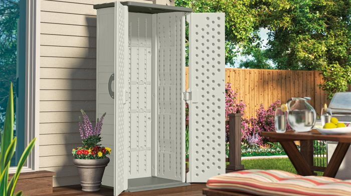 Suncast Resin Vertical Storage Shed, 22 Cubic Feet, Light Taupe, 2' 1.5in x 2' 8.5in x 6' - BMS1250