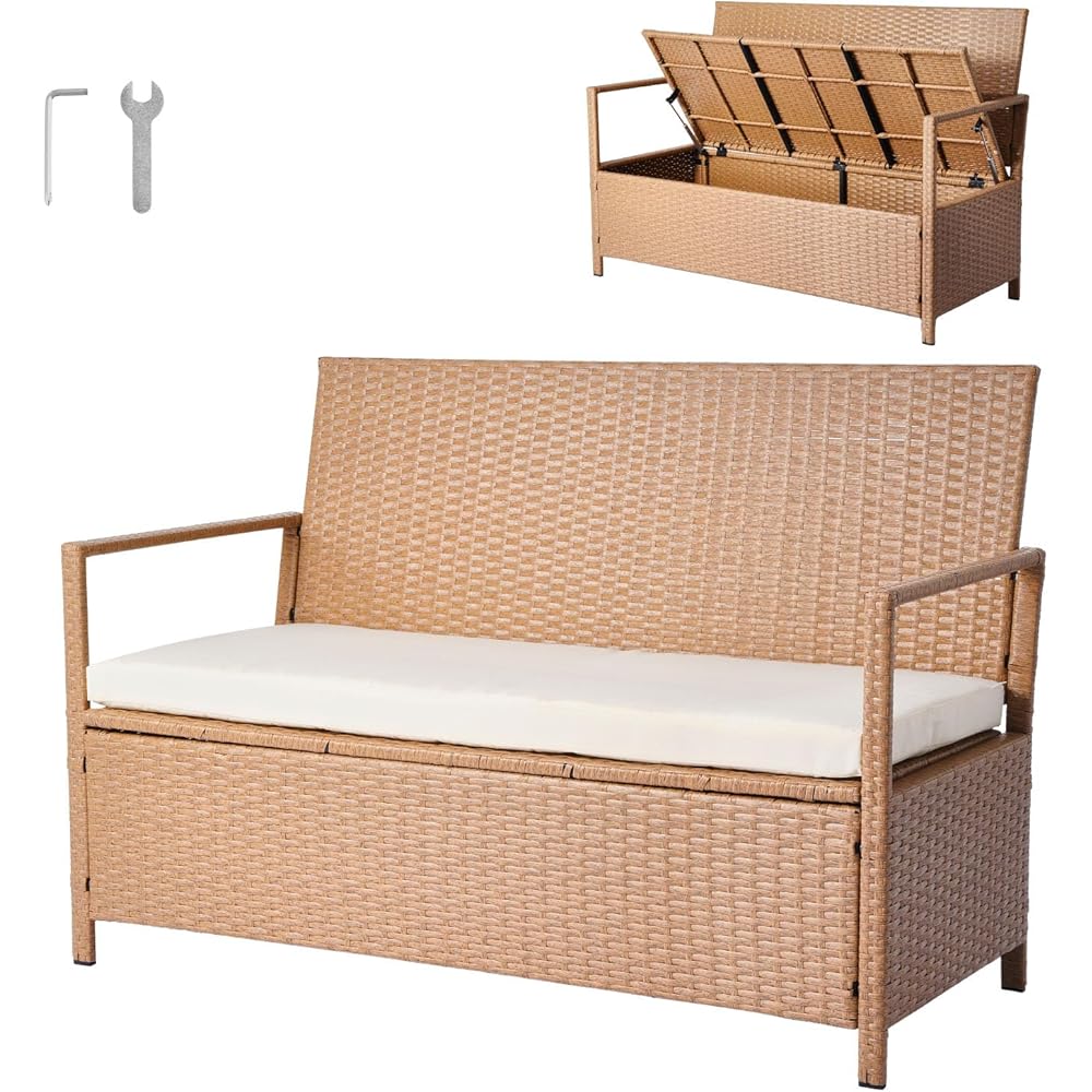 VEVOR 2-Person PE Rattan Outdoor Storage Bench, 70 Gal, Beige, 265 lbs Capacity