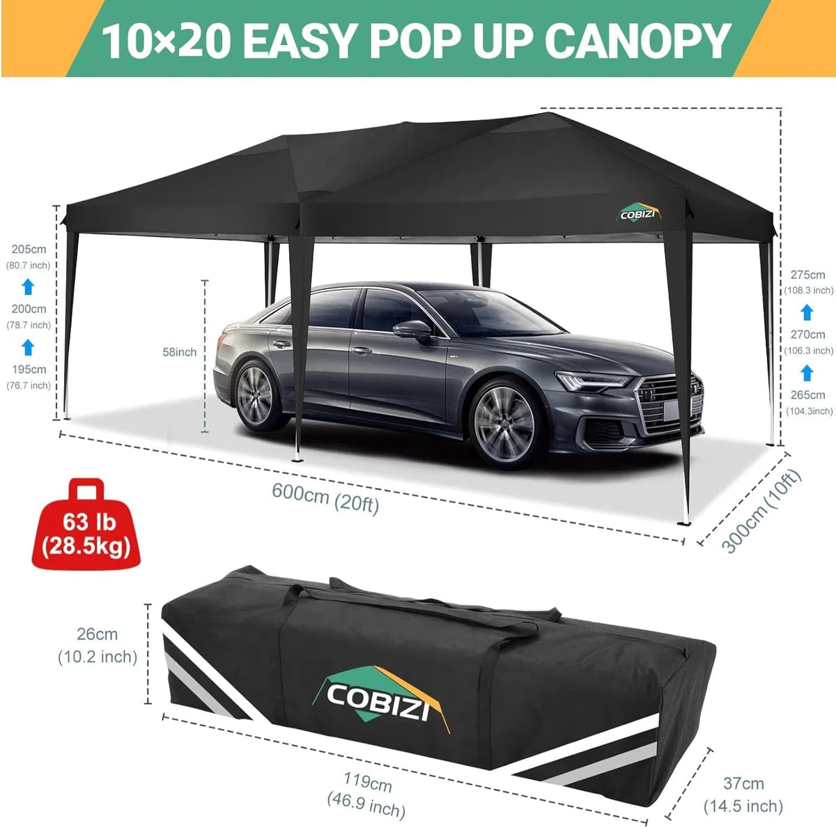 COBIZI Pop Up Canopy Tent 10x20ft With 6 Sidewalls, Black
