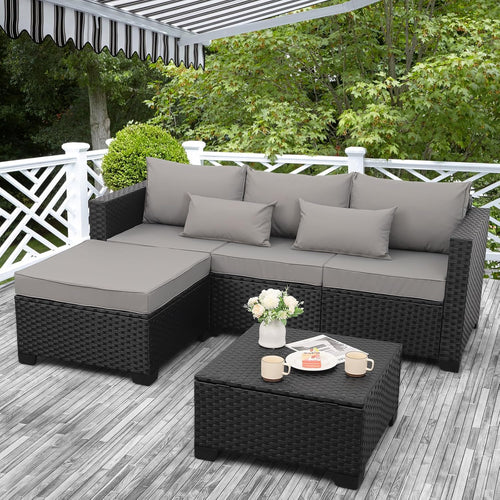 3-Piece Outdoor Sectional Wicker Patio Furniture Set With Ottoman And Storage Table - Light Grey