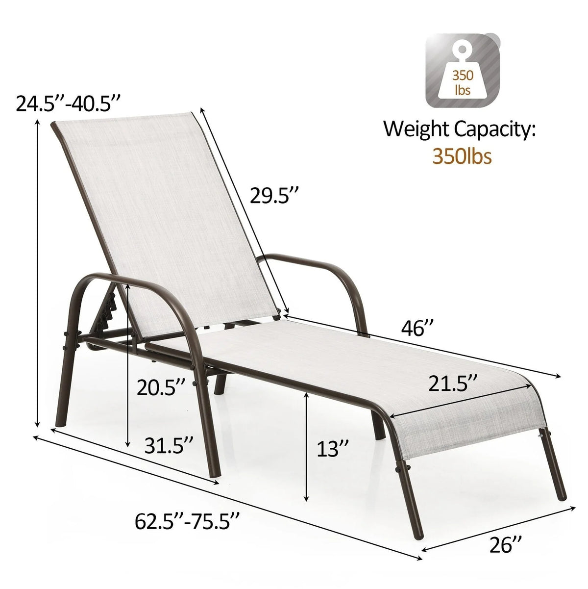 Fabric Folding Outdoor Chaise Lounge Chairs, 2 Pcs, 5 Position