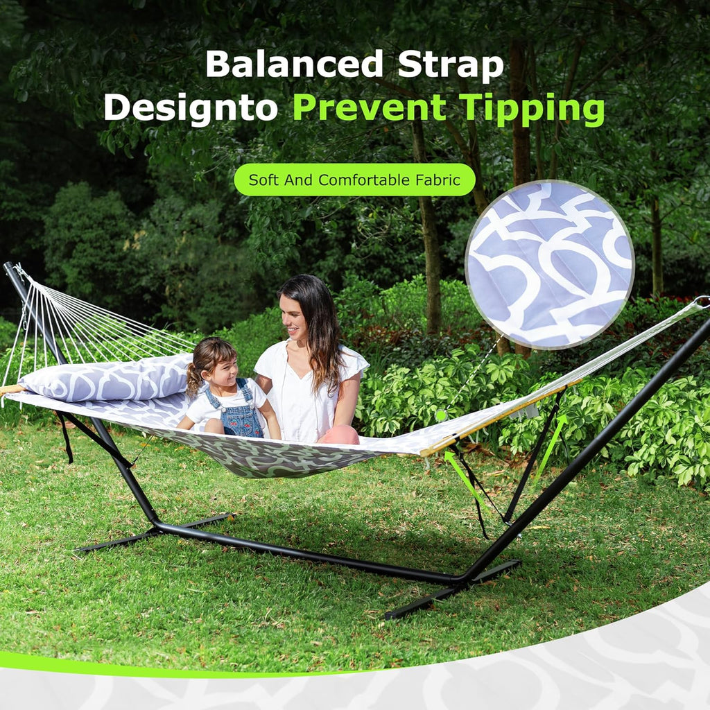 Double Outdoor Hammock With Adjustable Steel Stand, 500 LBS Capacity, Carrying Bag, White Grey