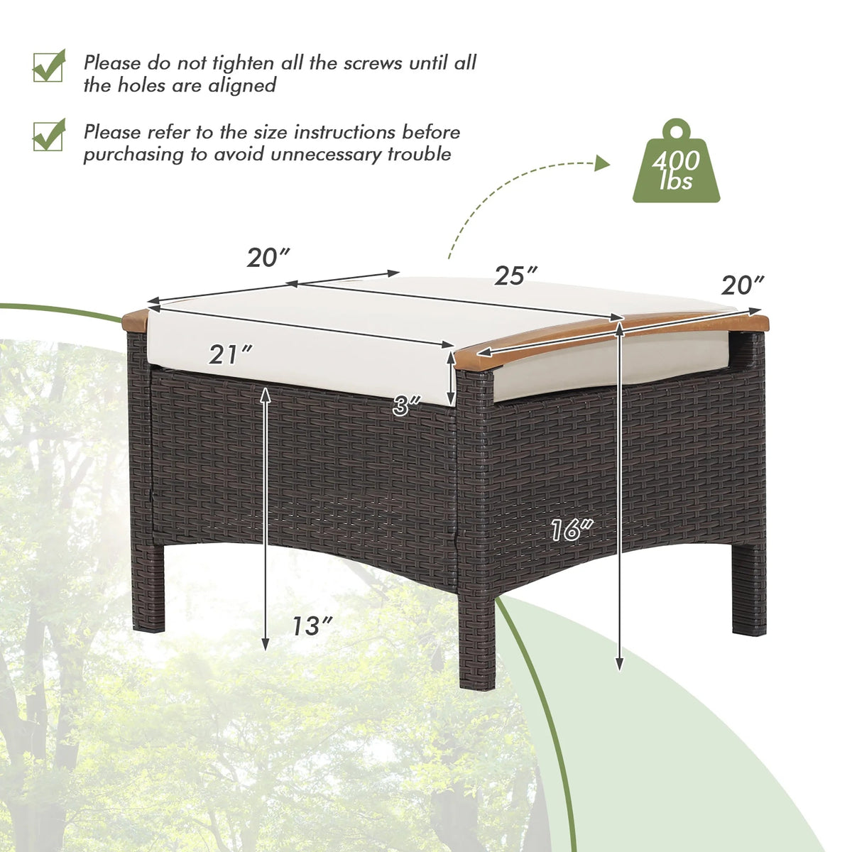 Costway Set Of 2 Patio Rattan Ottoman Footrests With Cushions, Mix Brown/Beige, 25 x 20 x 16 in