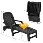 Folding Plastic Outdoor Chaise Lounge Chair With Wheels, 6-Position, 65.5 x 29 x 16.5-37 in, 330 lbs