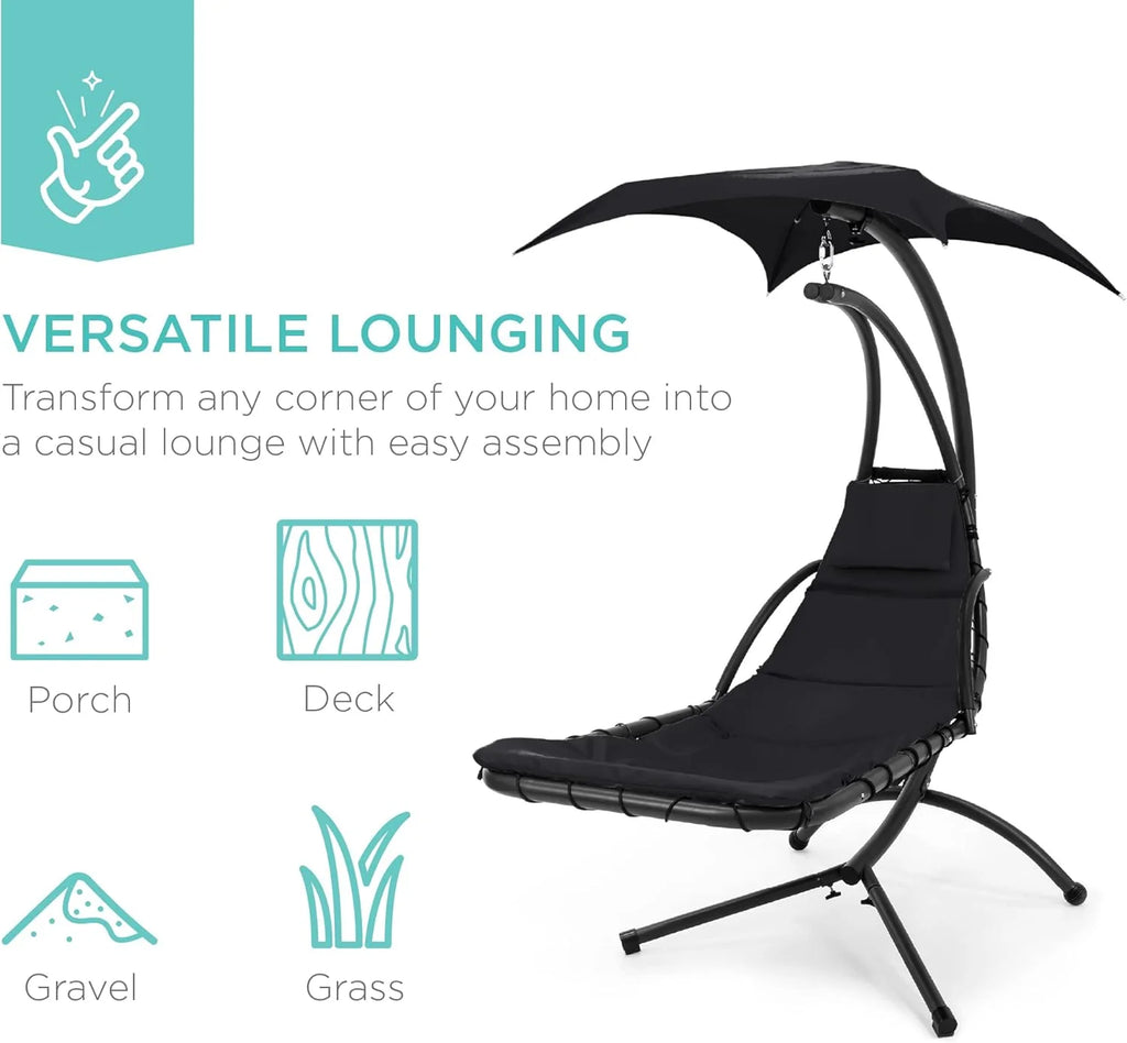 Best Choice Products Outdoor Hanging Steel Chaise Lounge Chair With Canopy, Charcoal Gray - SKY5871