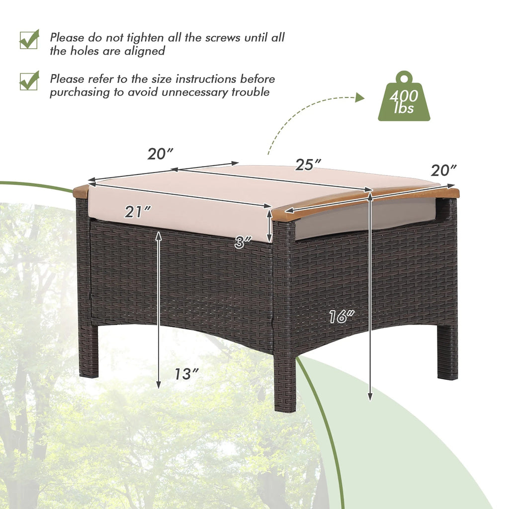 Costway Set Of 2 Patio Rattan Ottoman Footrests With Cushions, Mix Brown/Beige, 25 x 20 x 16 in