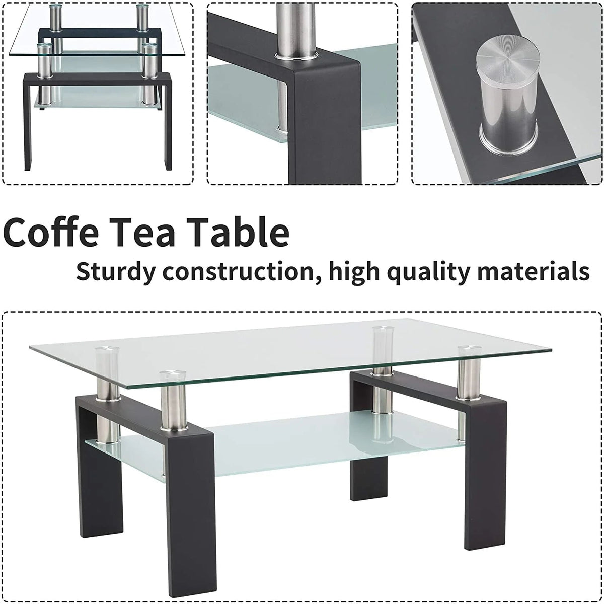 SEGMART Glass Coffee Table With Lower Shelf, 39.4 x 24 x 17.7 in - L5509