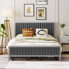 Roomfitters Full Size Upholstered Metal Platform Bed With 4 Drawers, Linen Fabric, Gray - 76.6in L x 55.7in W x 41.7in H