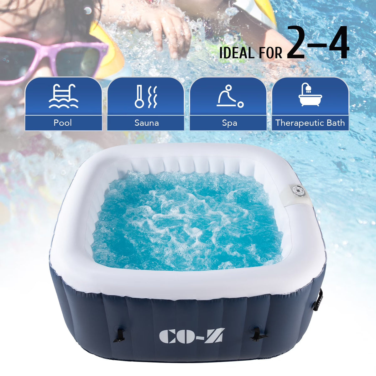 CO-Z PVC Square Inflatable Spa Tub, 5 x 5 ft, 4-Person, 120 Jets, Blue