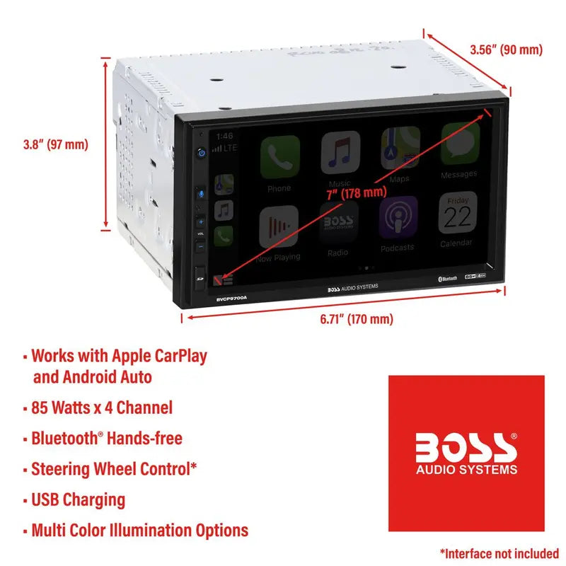 BOSS Audio Systems Double Din Car Stereo With 7 Inch Touchscreen, Apple CarPlay And Android Auto - BVCP9700A