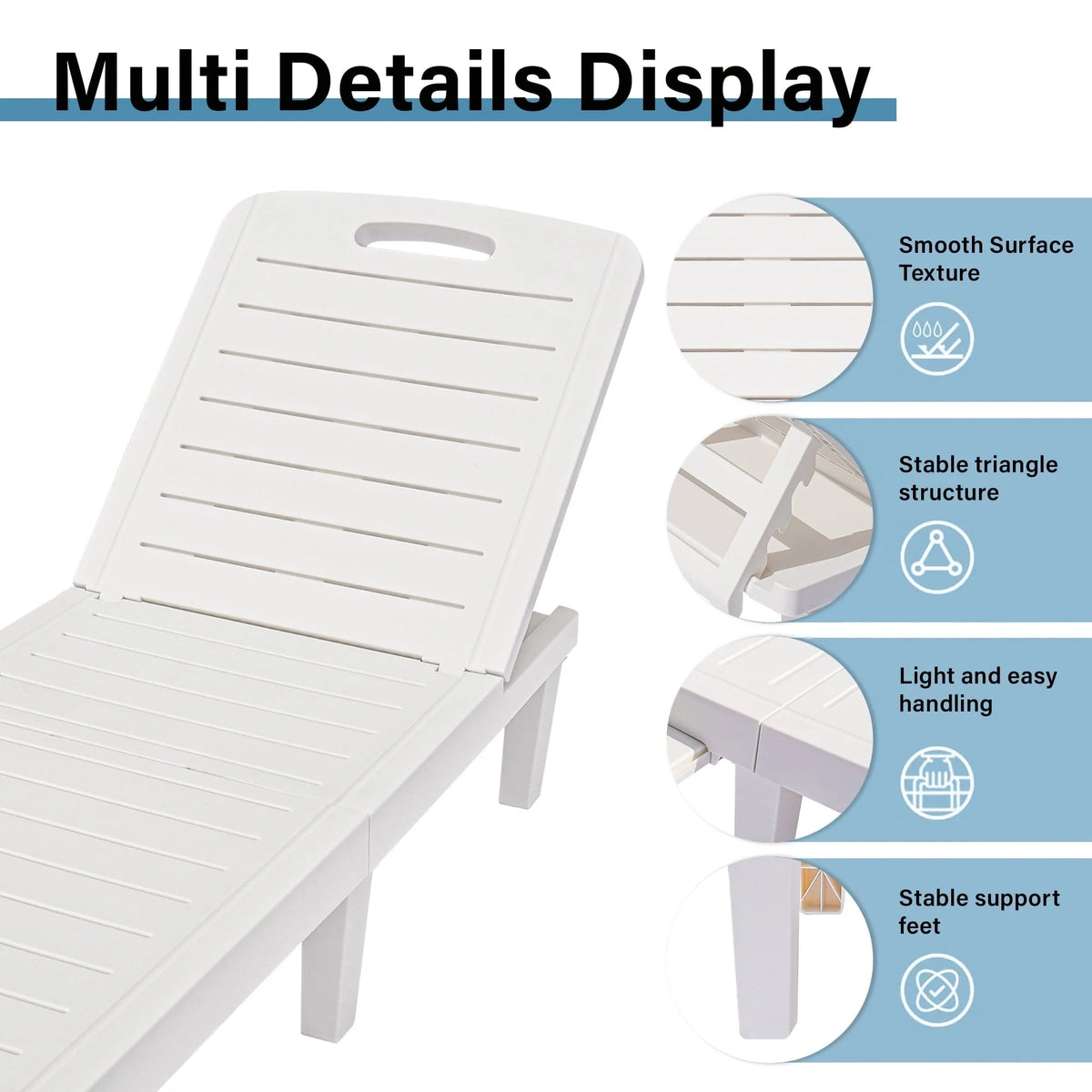 Outdoor Adjustable Patio Lounge Chair Set Of 2 With Side Table, White - 74.5 x 24.4 x 30 inch