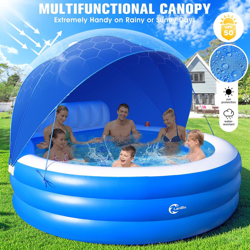 Inflatable Family Lounge Pool With Canopy, Bench And Backrest, 92in x 92in x 26in - Blue
