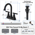 Hurran 4 Inch Matte Black 3-Hole Bathroom Sink Faucet With Pop-Up Drain