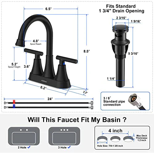 Hurran 4 Inch Matte Black 3-Hole Bathroom Sink Faucet With Pop-Up Drain