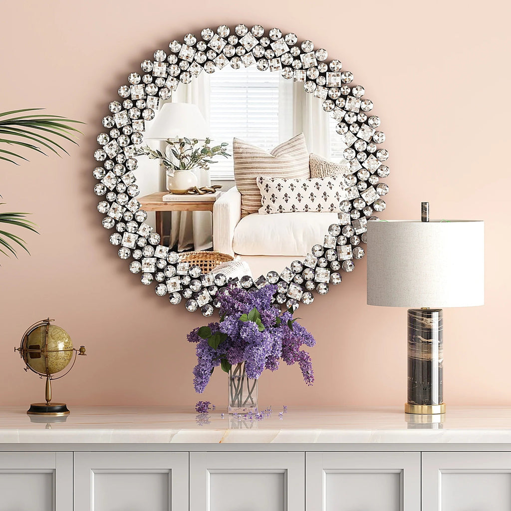Round Crystal Accent Decorative Wall Mirror - 18/24/34 in