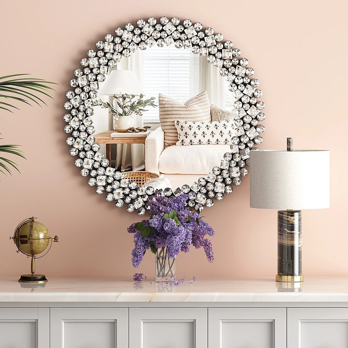 Round Crystal Accent Decorative Wall Mirror - 18/24/34 in