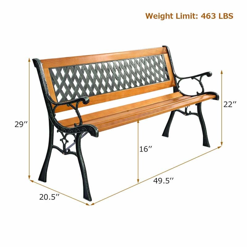 Cast Iron Outdoor Garden Bench, 49.5 x 20.5 x 29 in, Black + Natural