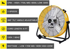 Tornado 24 Inch High Velocity 3-Speed Drum Air Circulator Fan, 7800 CFM, Yellow - HI-FAN-DRUM24-1P