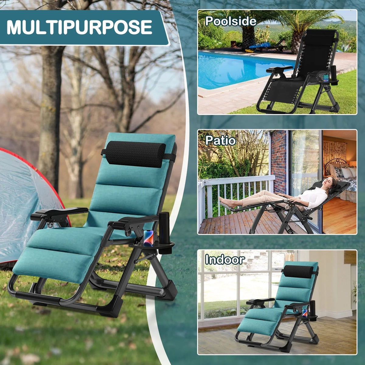 NAIZEA Zero Gravity Chair With Removable Cushion, Cup Holder, and Black Color