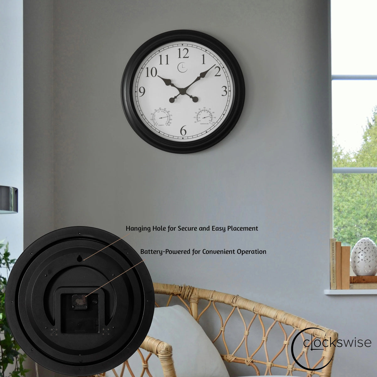 Outdoor Wall Clock With Thermometer And Hygrometer, 24-Inch, Black