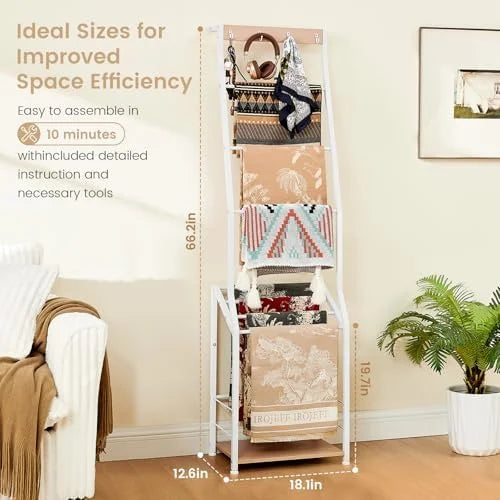 Pinzoveco 7-Tier Blanket Ladder Shelf With 4 Hooks, 5.5 ft / 18.1 x 12.6 x 66.2 in