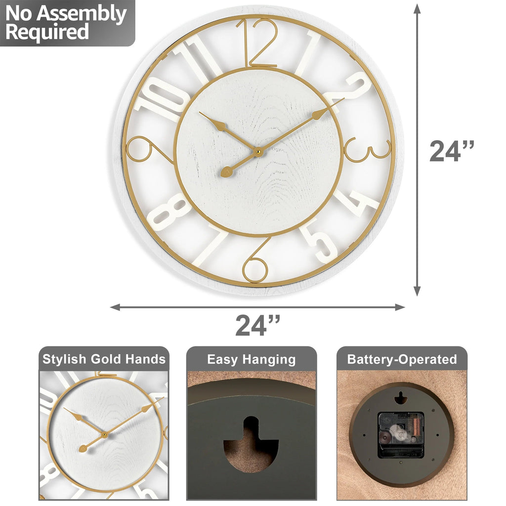 24 Inch Round Wooden Wall Clock With Numeral Design - Battery Operated