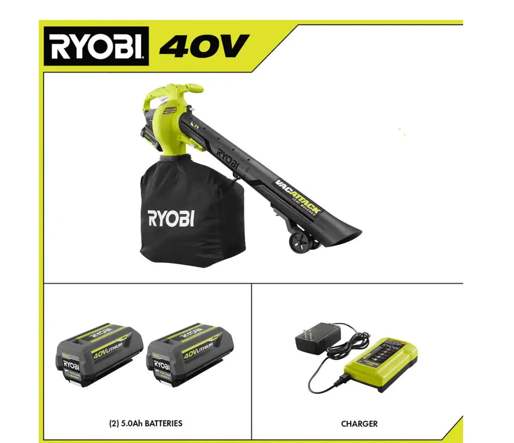 RYOBI Cordless Leaf Vacuum/Mulcher 40V with (2) 5.0 Ah Batteries and (1) Charger - RY40451-2B