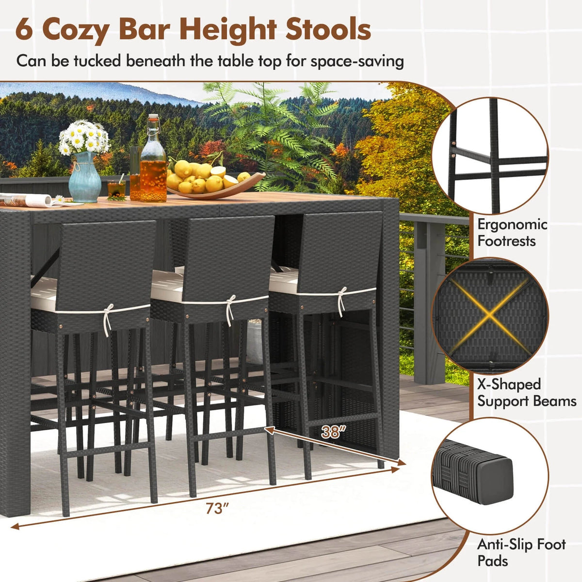 Costway 7-Piece Outdoor Patio Bar Set With Acacia Wood Tabletop, Black And Off White - 73in x 31.5in x 43.5in