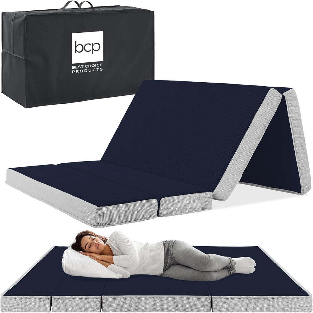 Best Choice Products Queen-Size 4in Tri-Fold Foam Mattress With Carry Case - Grey