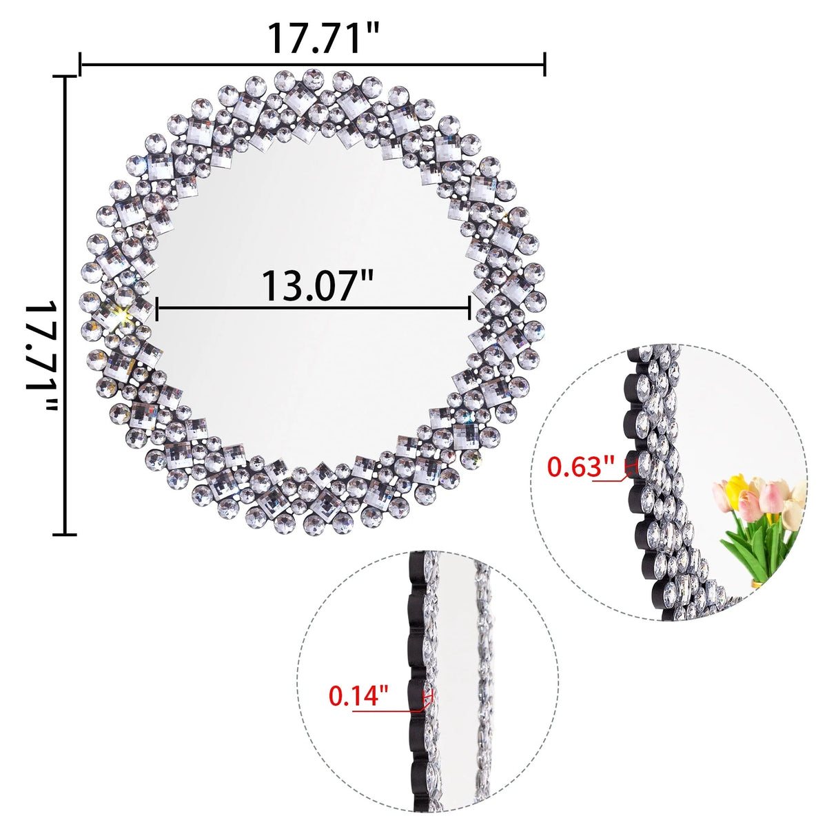 Round Crystal Accent Decorative Wall Mirror - 18/24/34 in
