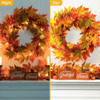Thanksgiving LED Lighted Fall Maple Leaf Wreath And Garland, 24 in Wreath / 72 in Garland - 20 Clear Lights