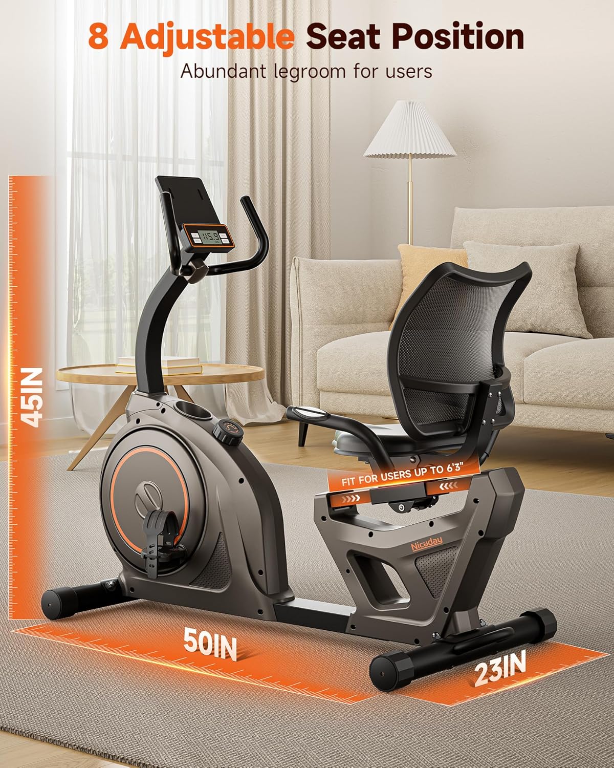 Niceday Recumbent Exercise Bike, 400 LBS Capacity, 16-Level Magnetic Resistance, Brown+Orange