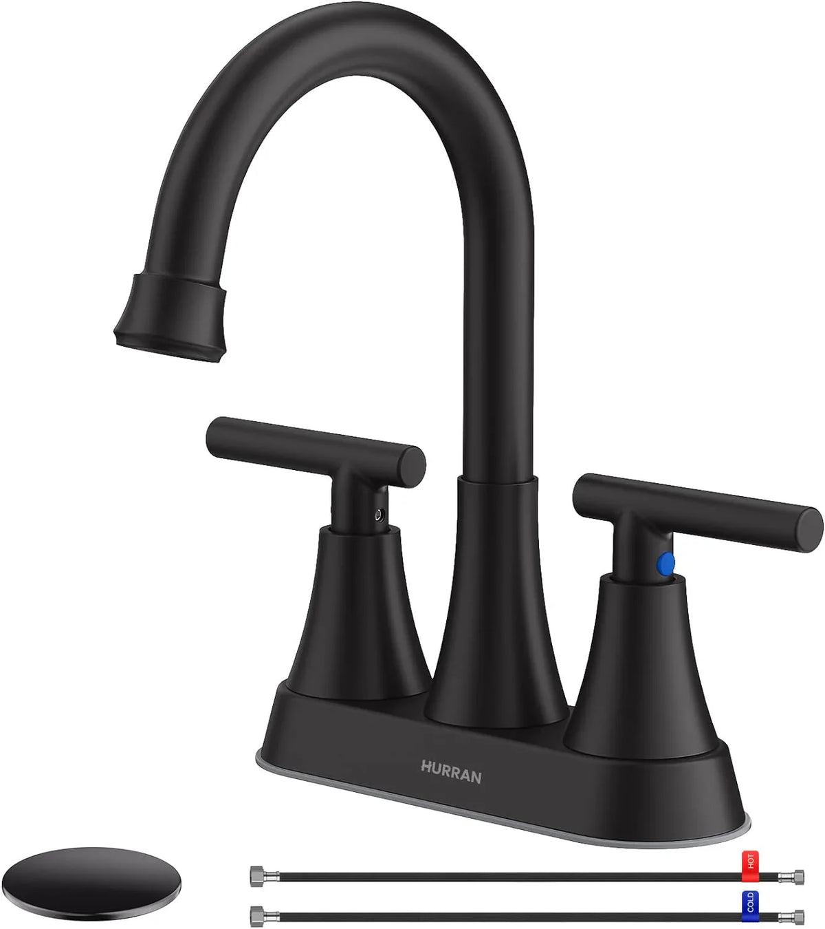 Hurran 4 Inch Matte Black 3-Hole Bathroom Sink Faucet With Pop-Up Drain