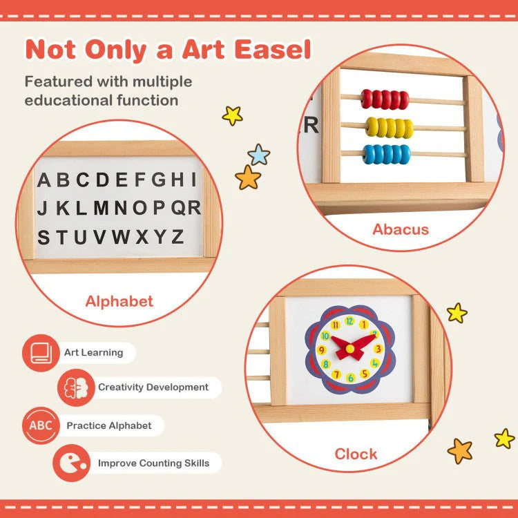 Kids Wooden Art Easel With Chalkboard, Magnetic Whiteboard And Paper Roll - 3-In-1
