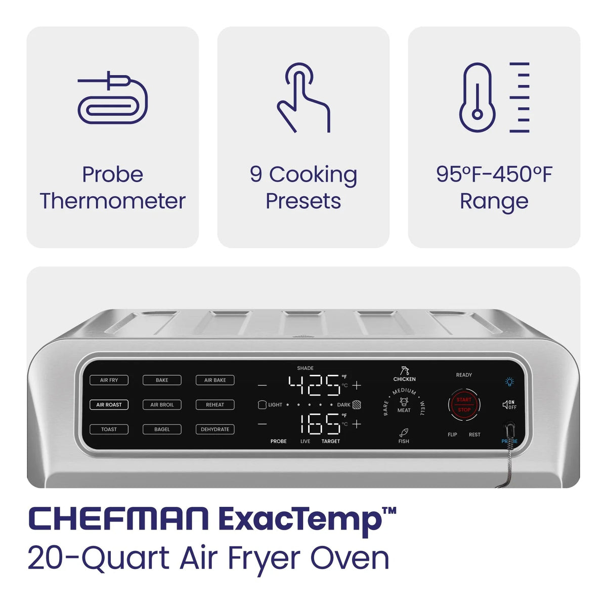 Chefman 12-in-1 Air Fryer Oven Combo With Probe Thermometer, 20 Qt - RJ50-SST2-PB