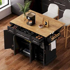 Rubberwood Kitchen Island Cart, 54-inch Drop-Leaf, 4 Doors, 3 Drawers - Embossed Finish