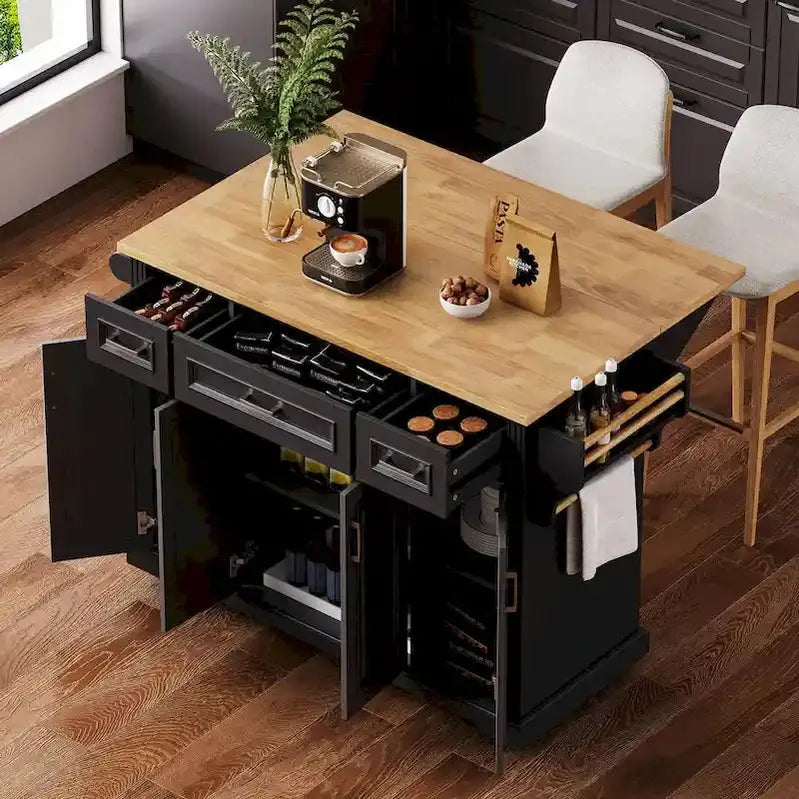 Rubberwood Kitchen Island Cart, 54-inch Drop-Leaf, 4 Doors, 3 Drawers - Embossed Finish