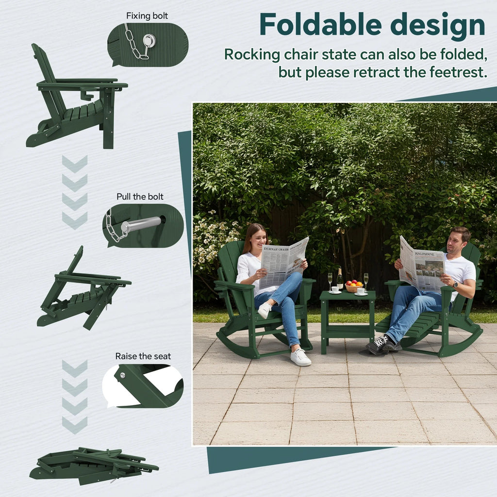 KINGYES Folding Adirondack Rocker Chair Set Of 2 With Footrest And Dual Cup Holders - Black