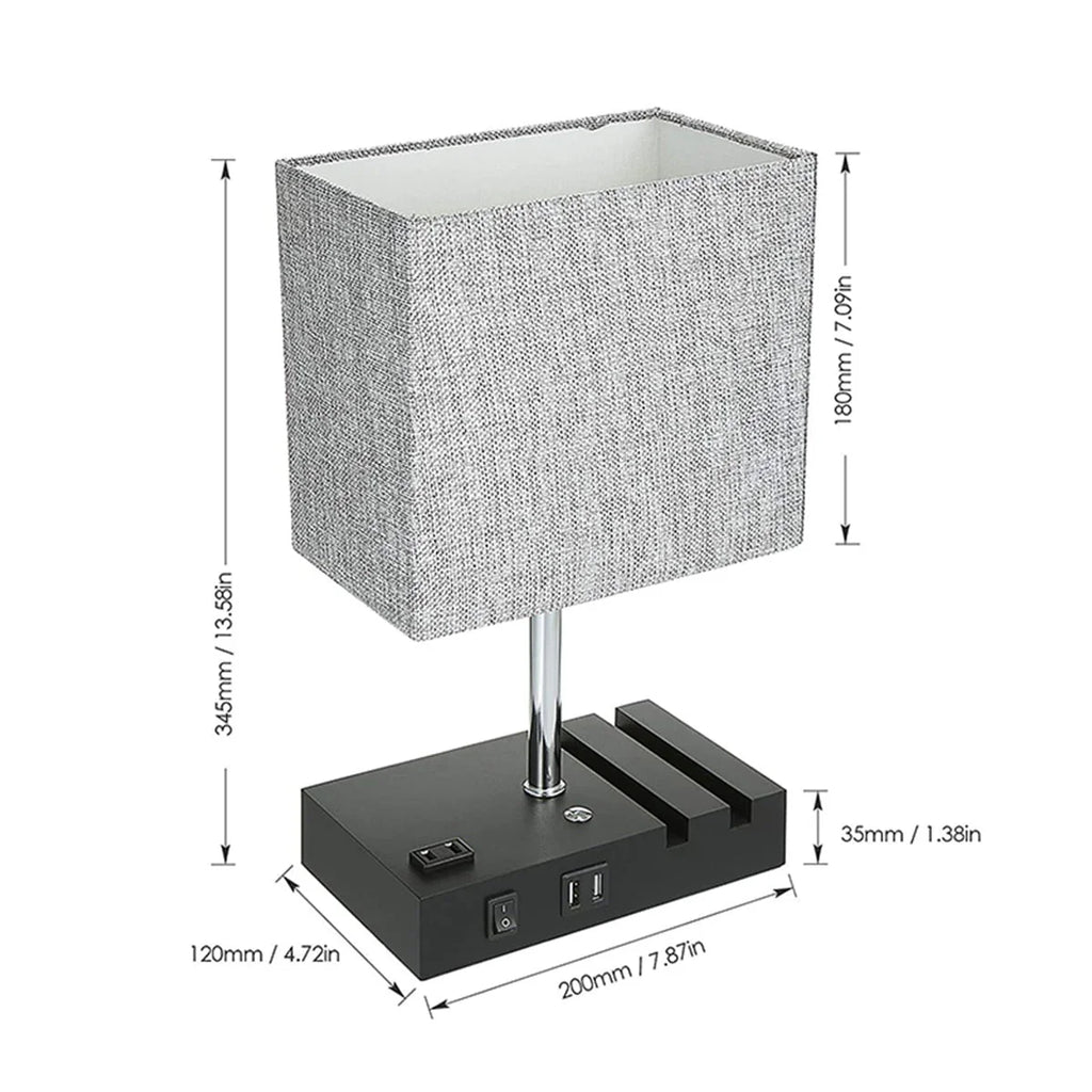 Touch Control Table Lamp With 2 USB Ports, 1 AC Outlet, 2 Phone Stands, Black Wooden Base And Grey Shade