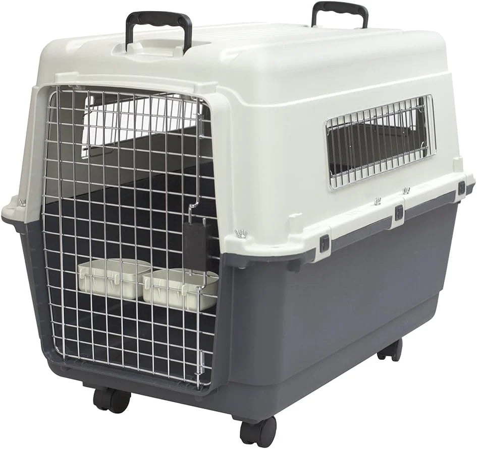 SportPet Designs Plastic Airline Approved Rolling Dog Kennel With Wire Door, XXX-Large, Gray, 48in L x 32in W x 36in H