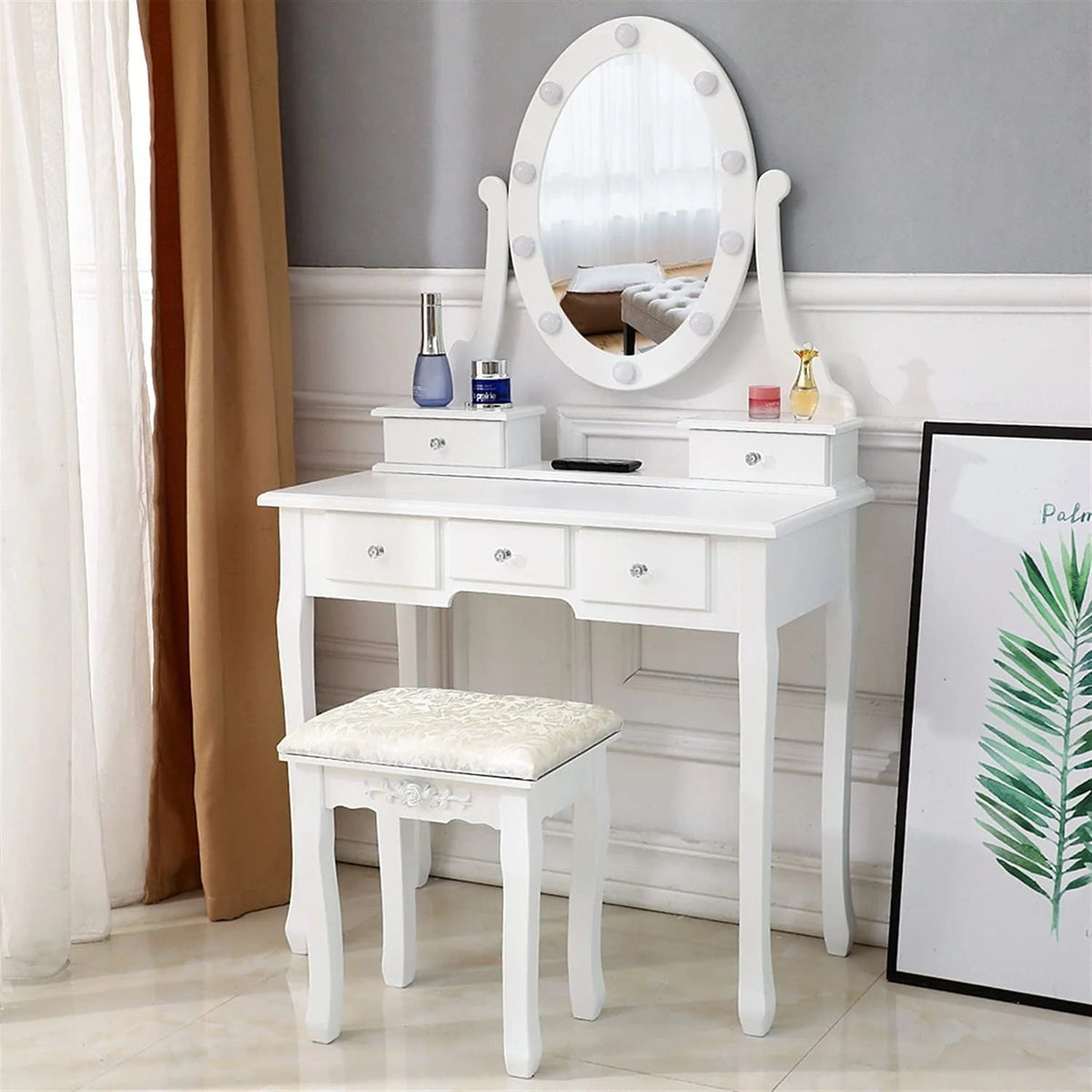Ktaxon Vanity Table Set With 10 LED Lights, 5 Drawers, Cushioned Stool, White