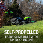 Greenworks 40V 21 inch Self-Propelled Lawn Mower, 500 CFM 120 MPH Axial Blower, 13 inch String Trimmer - 2 Batteries 5Ah+2Ah & Chargers